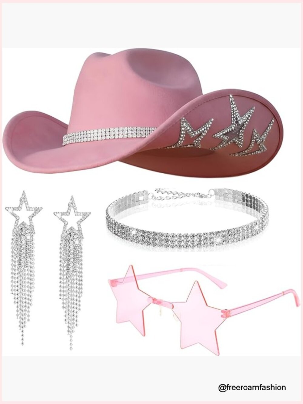 Cowgirl Hat Necklace Earrings Sunglasses Set Rhinestone Star Felt Hat